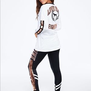🆕PINK SEQUIN BLING VARSITY V-NECK LONG SLEEVE TEE